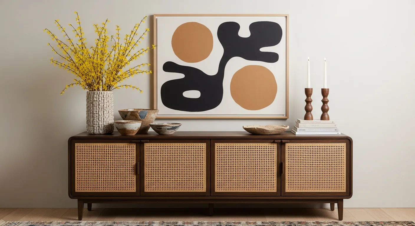 A Tall Textured Vase Holds Vibrant Yellow Forsythia Branches, Flanked by Rustic Ceramic Bowls