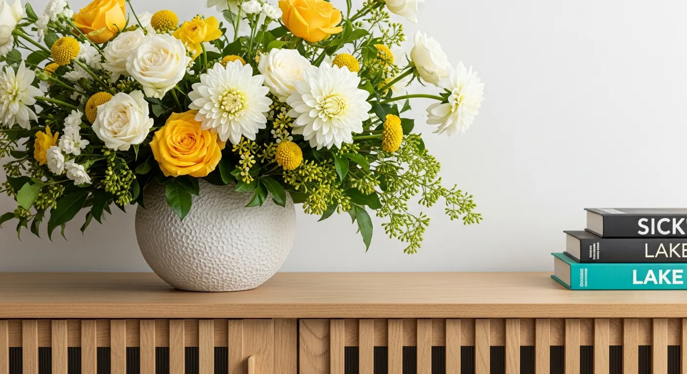 A Large, Elegant Floral Arrangement Featuring Lush White and Yellow Roses, White Dahlias, and Small Yellow Accent Flowers