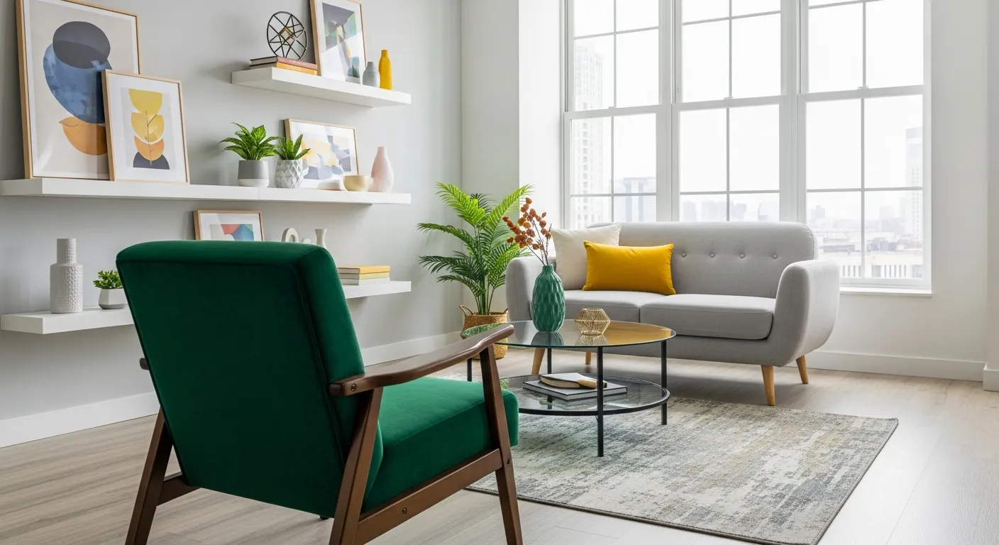 A Light Grey Two-seater Sofa With a Matching Yellow Throw Pillow Faces a Round Glass Coffee Table
