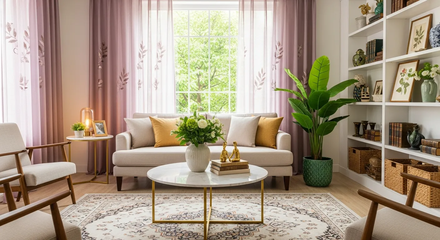 A Large Window at the Back, Adorned With Sheer, Mauve Curtains Exhibiting Subtle Leaf Embroidery