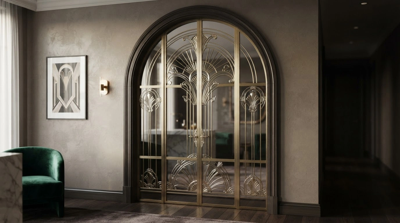 A Magnificent Arch-shaped Clear Glass Pocket Door, Adorned With Intricate, Ornate Art Deco-inspired Metal Detailing in Polished Brass