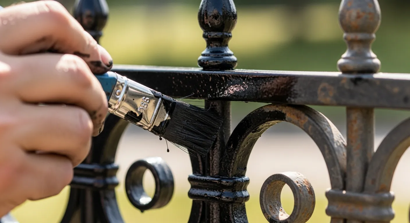 A Hand Painting a Black Wrought-iron Fence With a Paintbrush