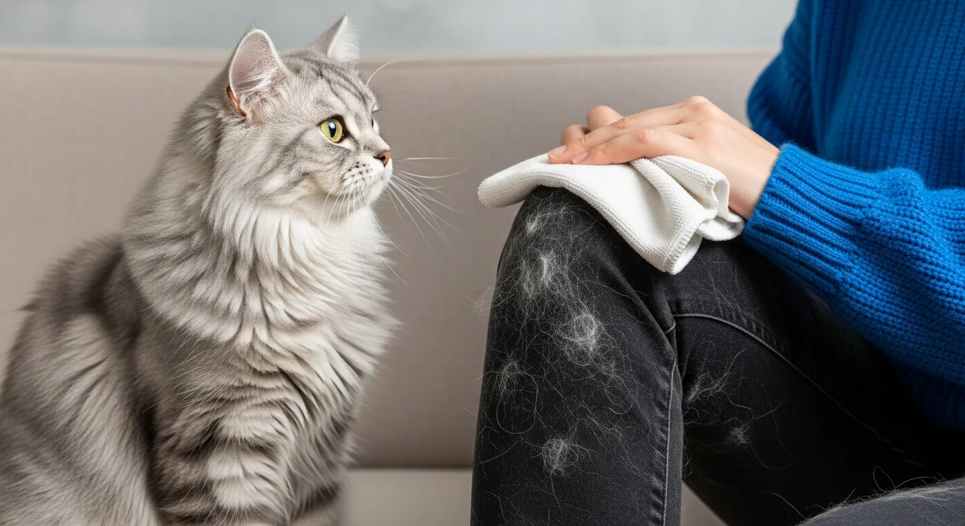 The  Microfiber Cloth is Actively Pressed Against the Pant Leg, With Collected Fur Visible on Its Sticky Surface