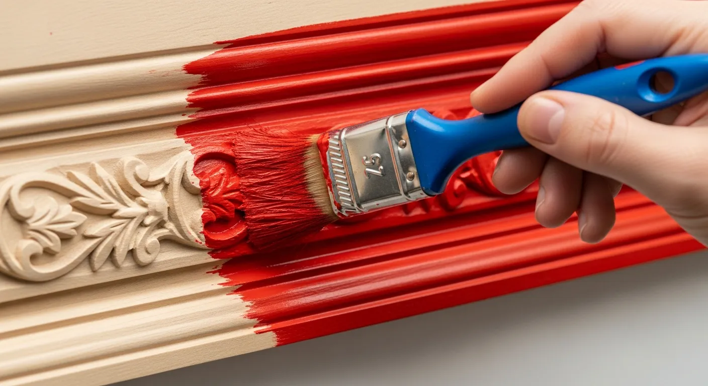 A Person's Hand Holding a Paintbrush, Applying Vibrant Red Milk Paint Onto Wooden Molding