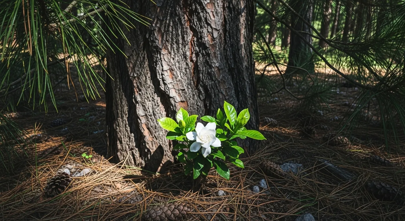 Miniature Gardenia Plant Under a Pine Tree Miniature Gardenia Plant Under a Pine Tree