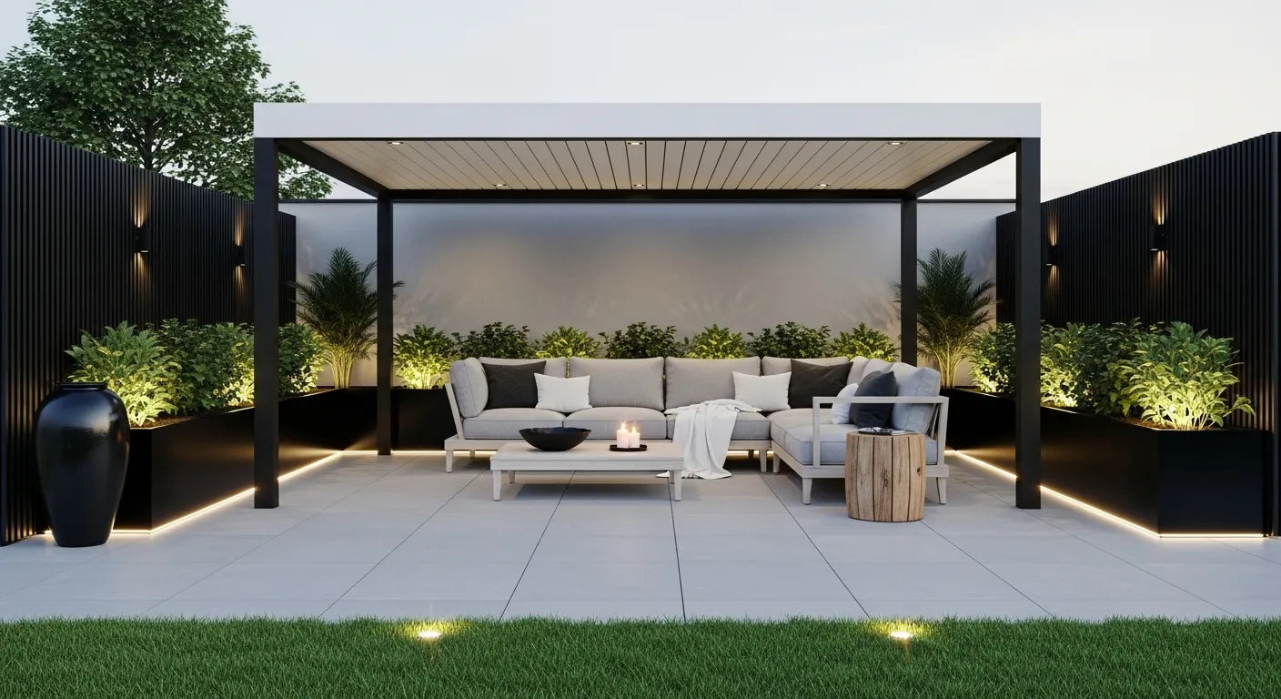 A Contemporary Pergola With a Flat White Roof and a Slim Black Metal Frame, Extending Over a Spacious Patio