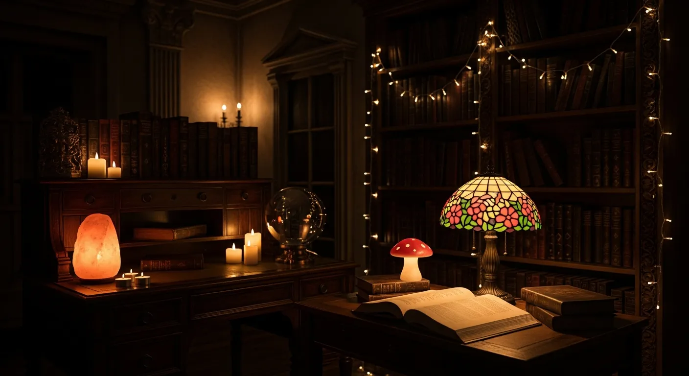 A Dark Academia Study, Dimly Lit With a Soft, Ominous Glow is Enveloped in Low-key Ambient Light, With No Overhead Lighting