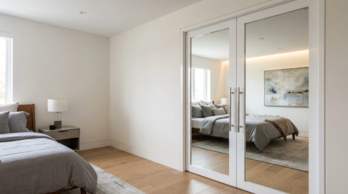 A Pair of Pristine White-designed Mirrored Pocket Doors