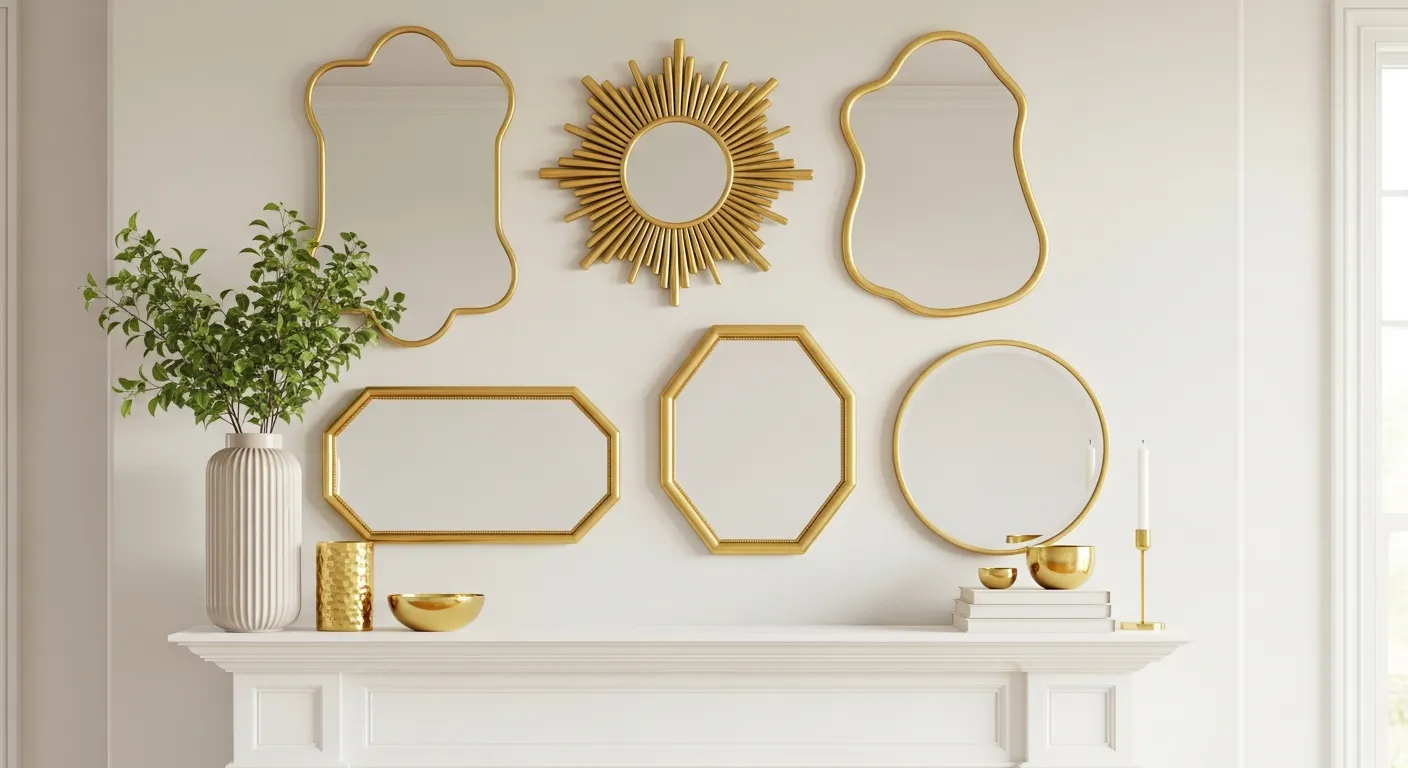 Six Ornate Gold-framed Mirrors of Diverse Shapes Are Precisely Arranged Over a Classic White Fireplace Mantel