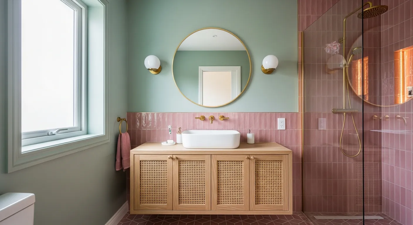 A Sage Green Painted Walls and Dusty Pink Vertical Subway Glazed Shiny Tiles With Some Warm Lights in the Shower Area