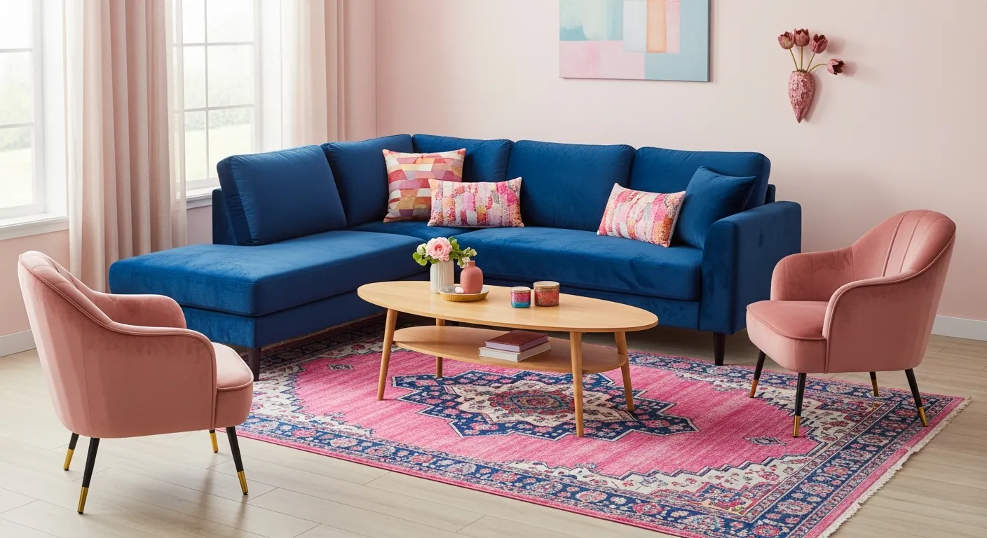 A Luxurious Deep Blue Velvet L-shaped Sectional Sofa With Colorful Throw Pillows, Two Blush Pink Velvet Armchairs
