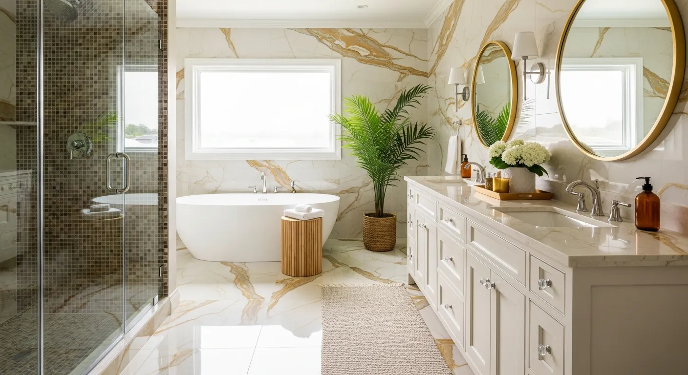 A Frameless Glass Shower Enclosure With a Mosaic-tiled Interior Wall, Showcasing a Brown and Beige Mosaic Pattern