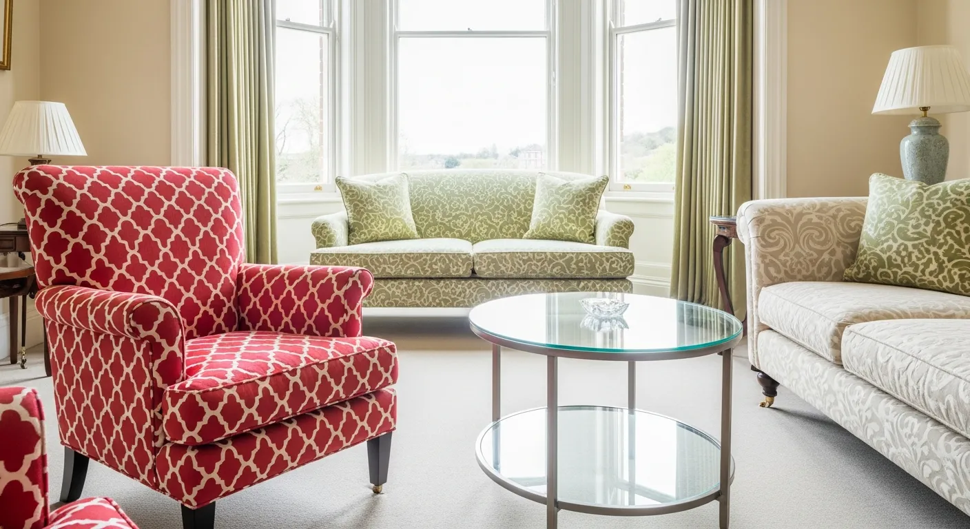 A Red Armchair With a White Geometric Pattern and a Light Green Patterned Sofa