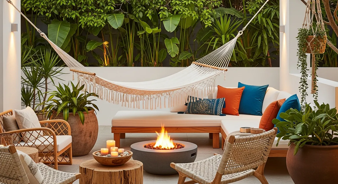 A Luxurious and Inviting Bohemian Outdoor Patio, Bathed in Warm, Ambient Evening Light