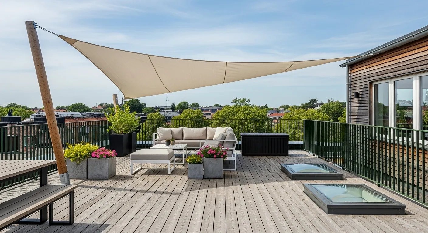 A Large, Tautly Stretched Cream-colored Shade Sail, Anchored by a Prominent Wooden Post