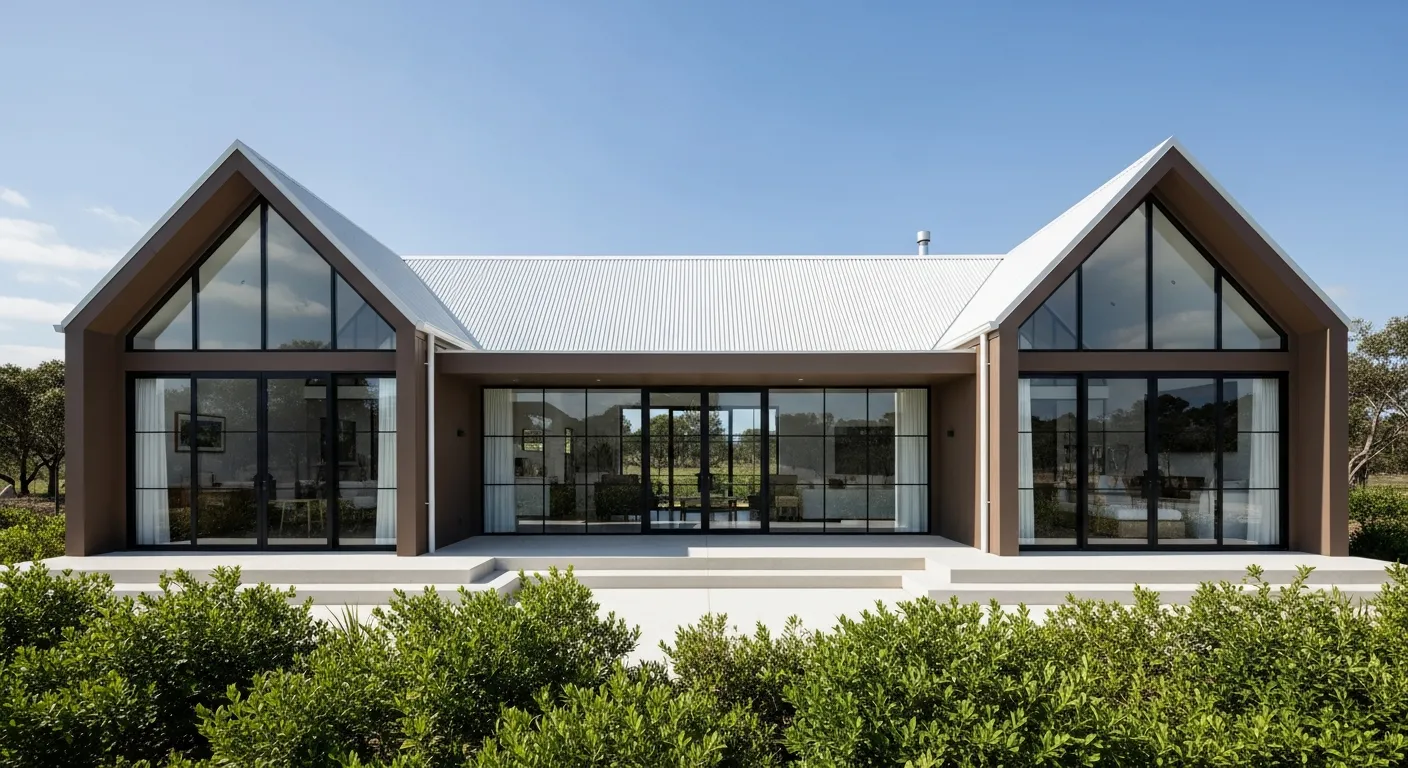 A Modern Minimalist Brown House With a White Corrugated Metal Gabled Roof
