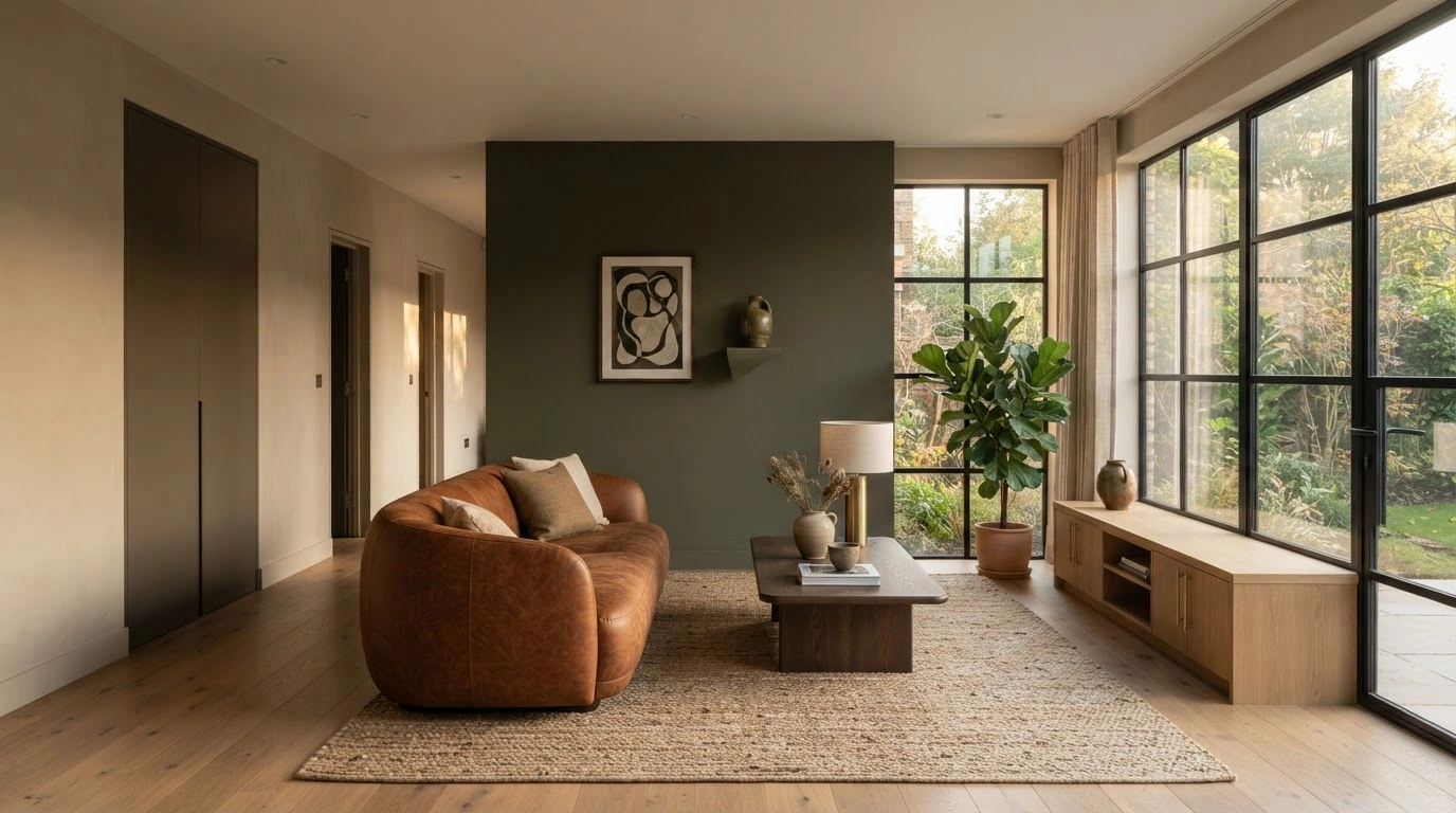  A Striking Feature Wall Painted in a Deep, Muted Evergreen Fog or Rich Olive Tone