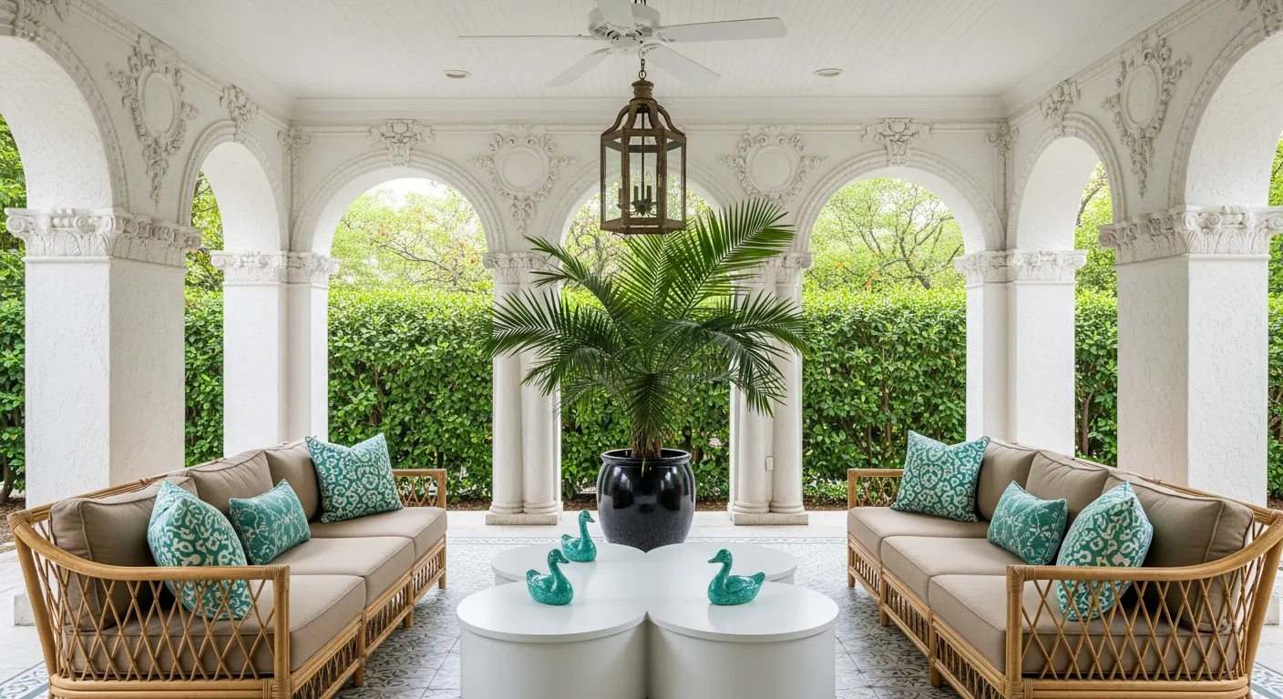  Two Natural Wicker Sofas With Beige Cushions and Teal Patterned Pillows