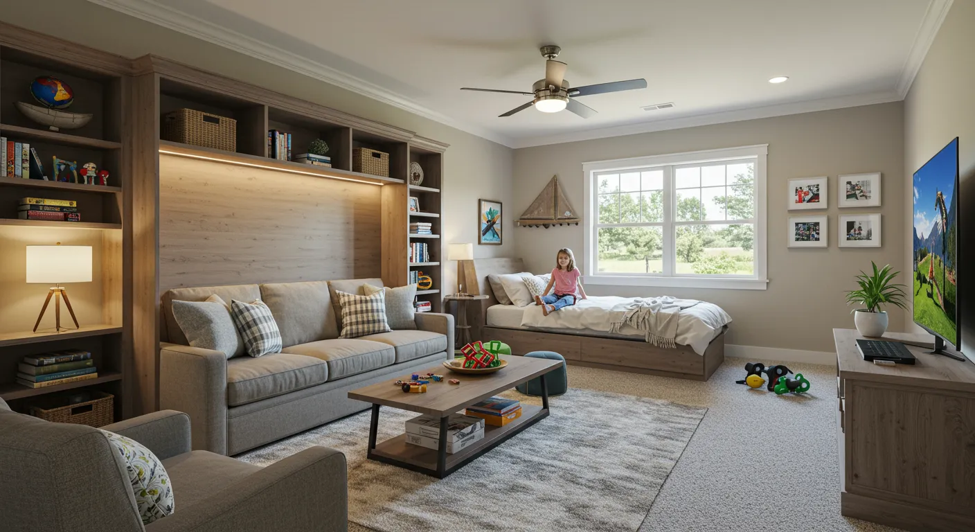 Multigenerational Bonus Room With Sleeper Sofa, Murphy Bed, Integrated Charging Station and Smart Lighting