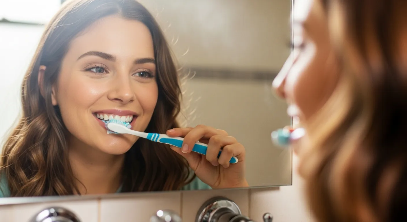 A Young Woman With Long Wavy Brown Hair, Brushing Her Teeth With Blue Toothpaste