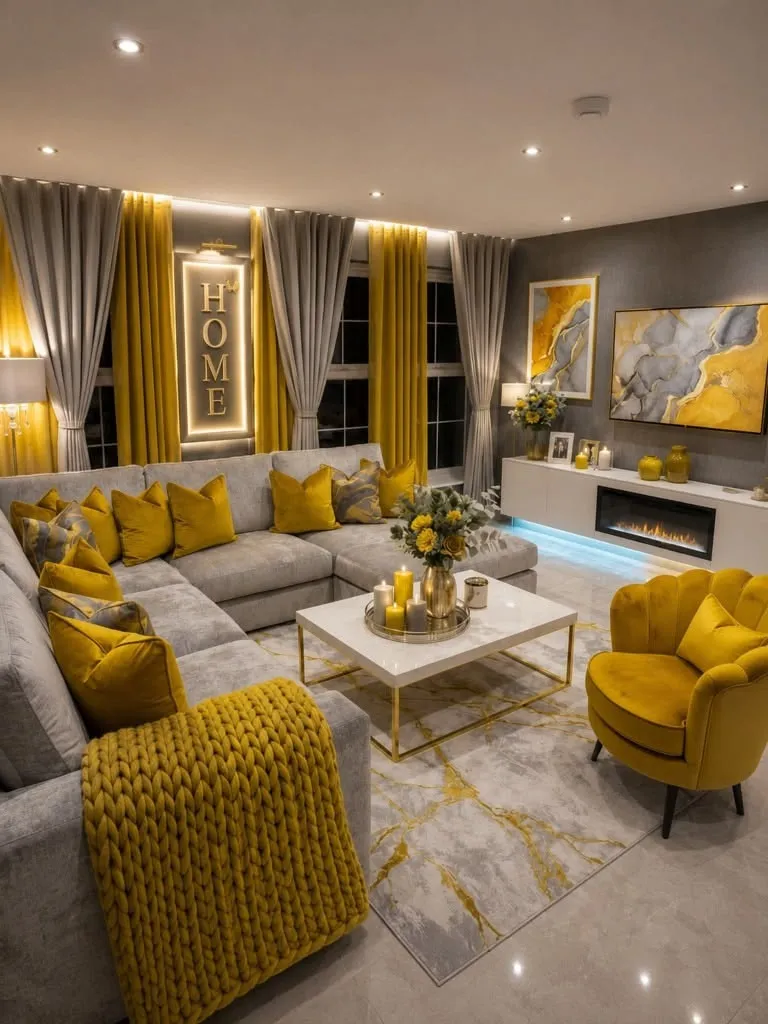 Mustard or Ochre Curtain for Cool Gray Walls