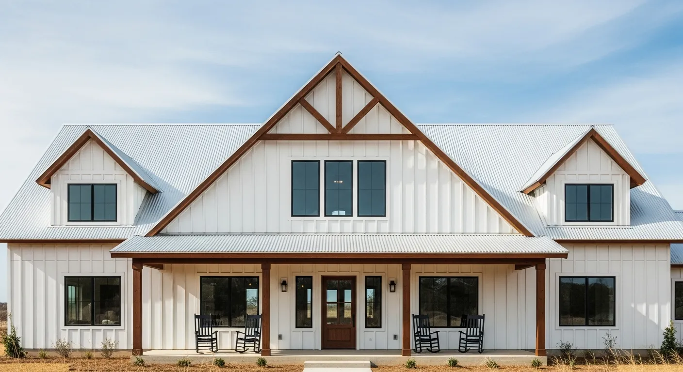 White Board-and-batten Siding and a White Corrugated Metal Roof With Dark Brown Trim