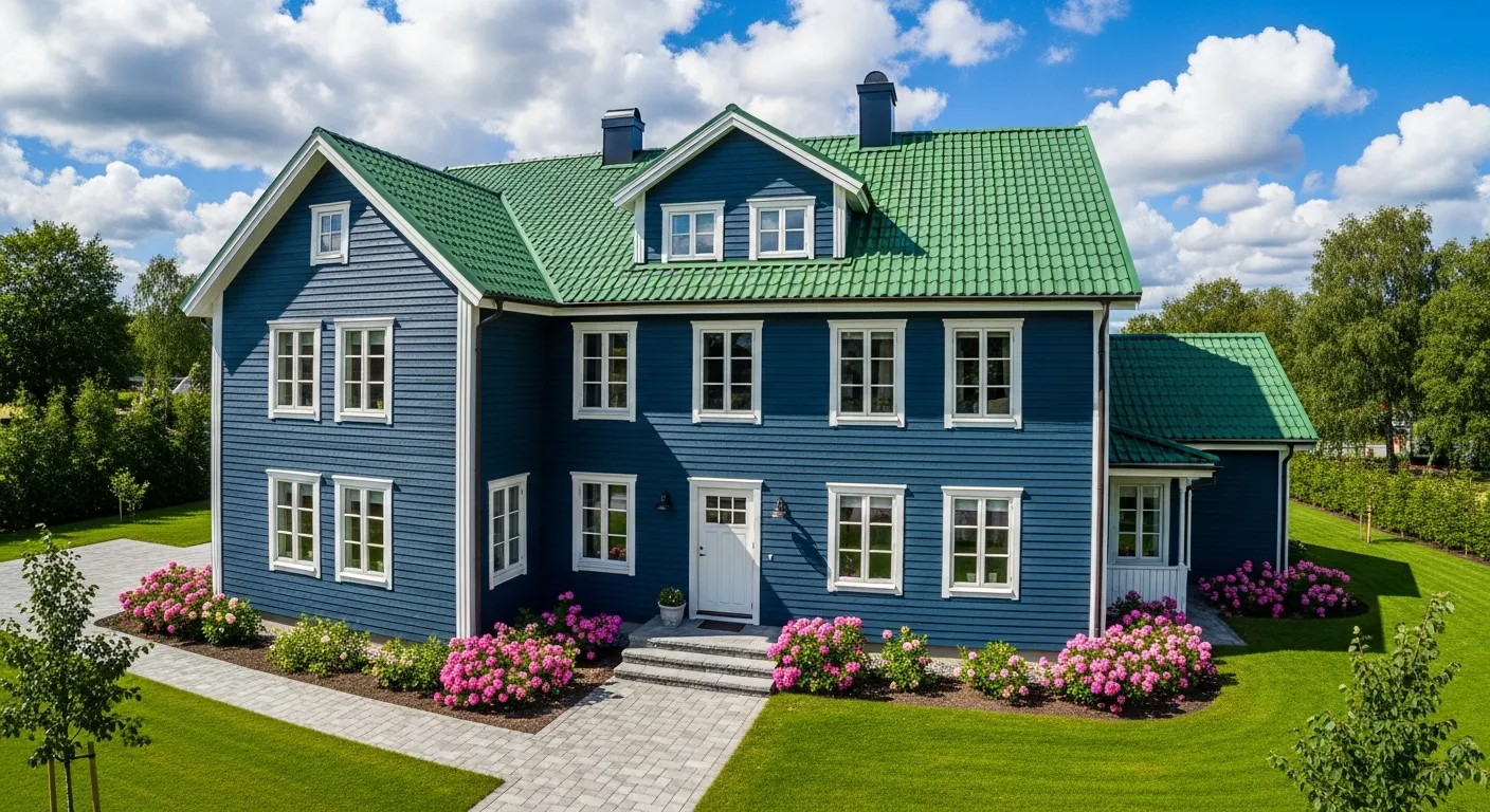 A Charming Two-story House With Dark Blue Clapboard Siding and a Vibrant Green Metal Tile Roof