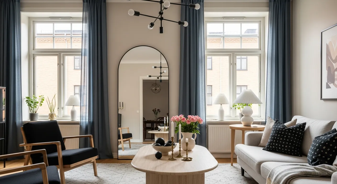 The Window is Adorned With Delicate, Navy Blue Curtains That Gently Diffuse the Sunlight
