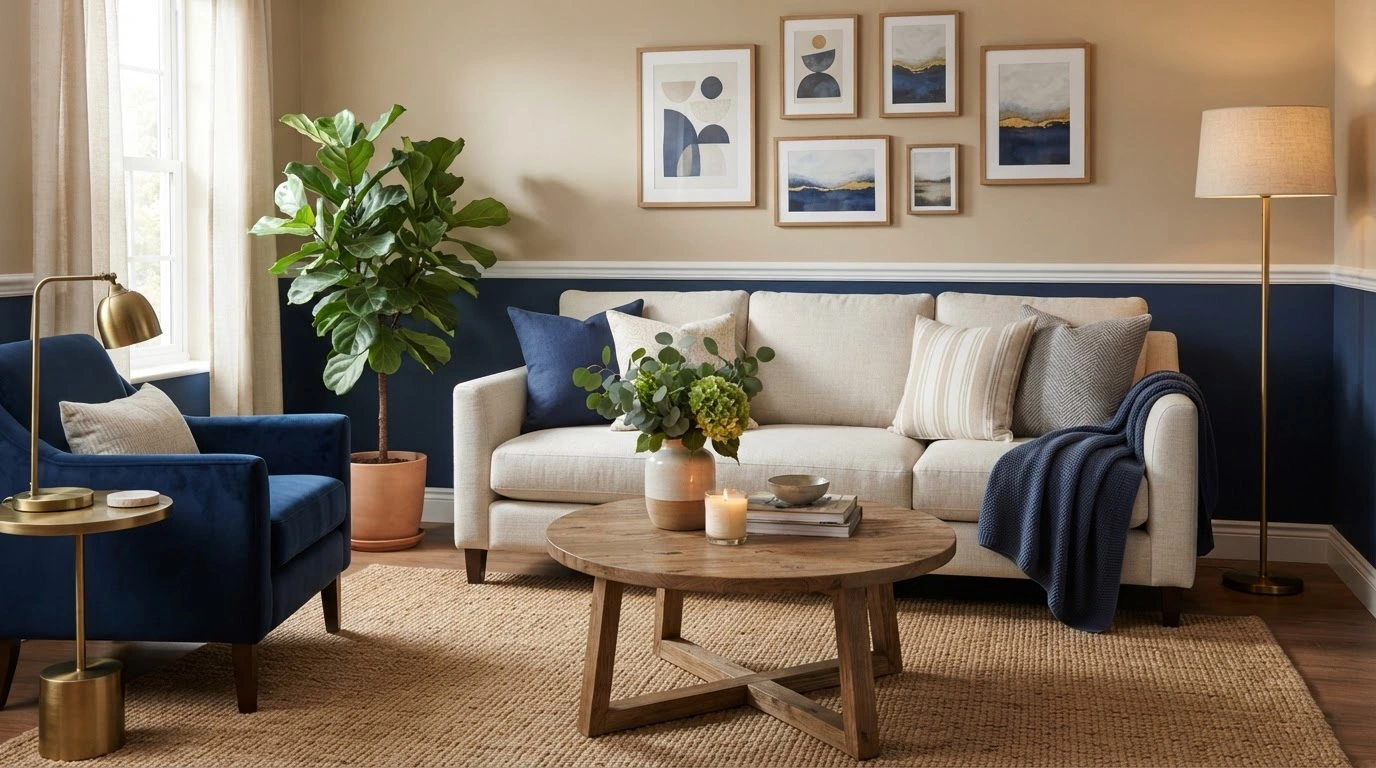 A Comfortable, Three-seater Sofa Upholstered in a Light Cream Linen-blend Fabric