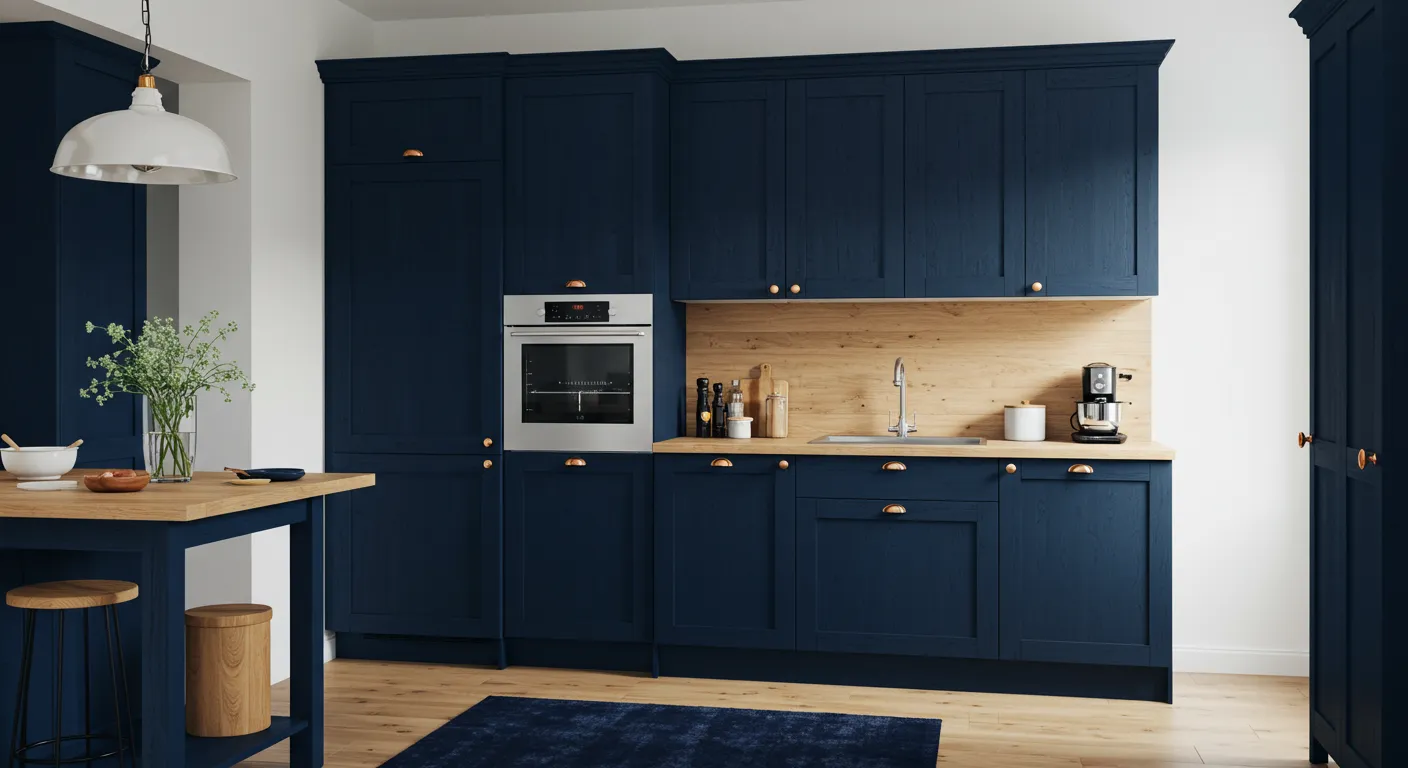 Navy Blue Wooden Furniture With Pine Wood Trim Stands Out in Airy Room Navy Blue Wooden Furniture With Pine Wood Trim Stands Out in Airy Room
