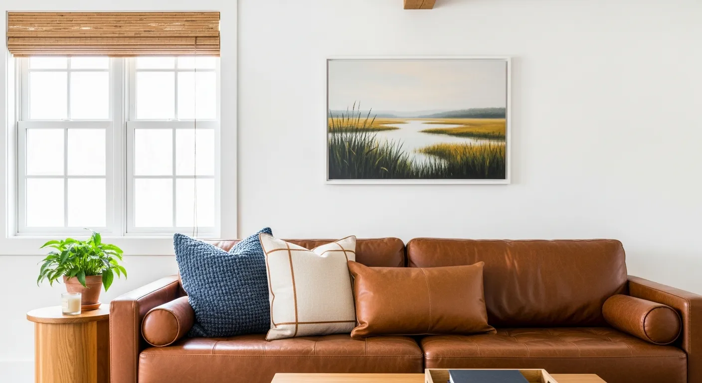 A Large, Rich Dark Brown Leather Sofa With a Textured Dark Blue Throw Pillow, a Cream-colored Woven Pillow
