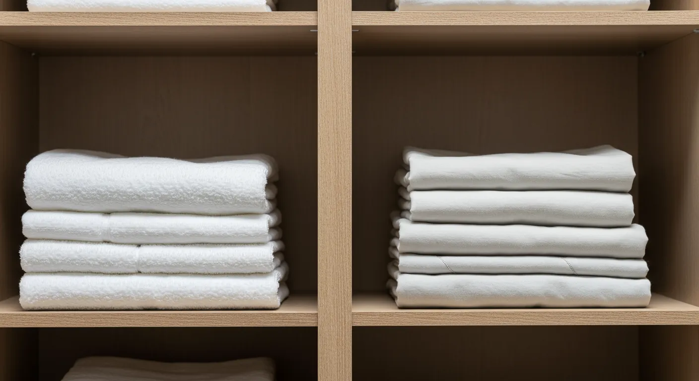 Neatly Folded White Towels Arranged on Closet Shelves Depth 15 Inches Neatly Folded White Towels Arranged on Closet Shelves Depth 15 Inches