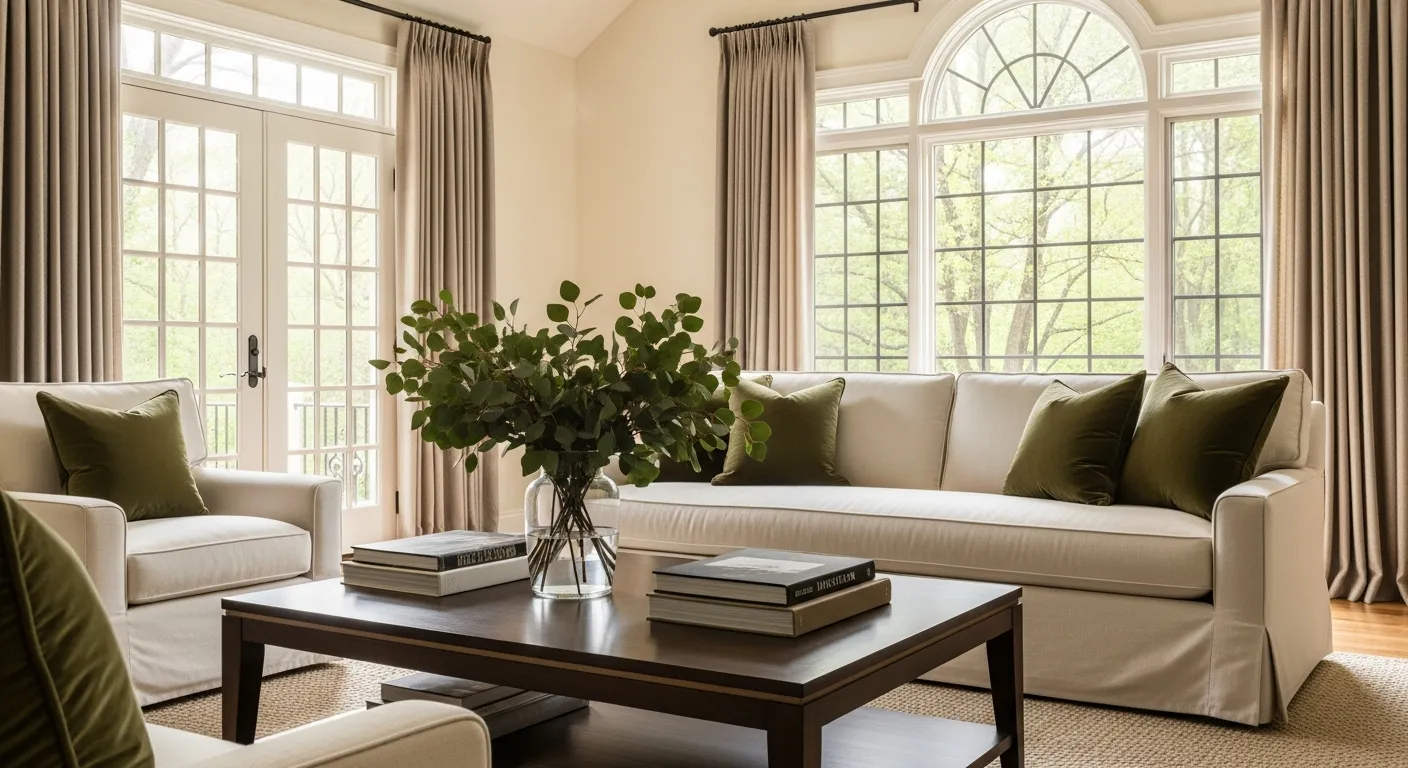 Window Areas Are Flanked by Floor-to-ceiling, Pleated, Neutral Linen Fabric Curtains