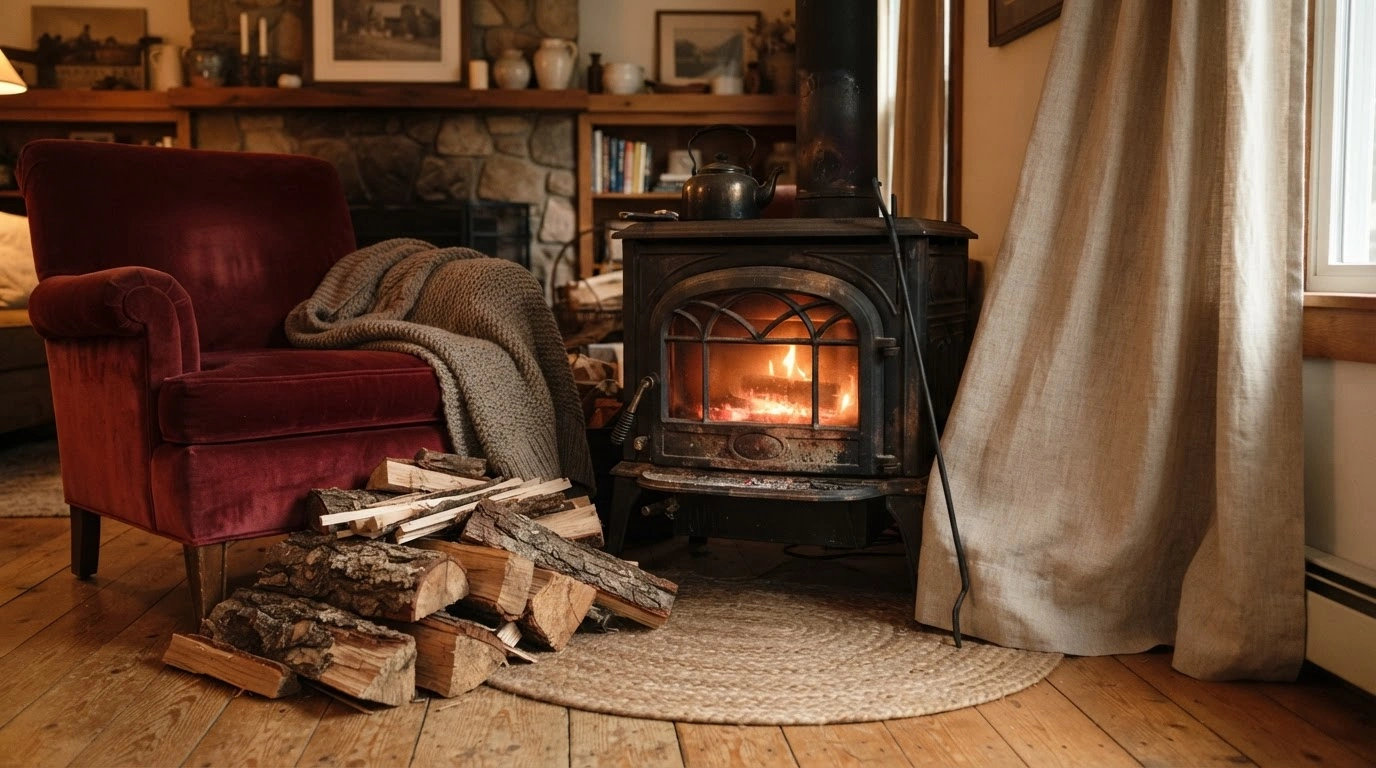 A Vintage Black Cast Iron Wood Stove, Glowing With a Soft, Warm Ember Light From Within Its Glass Doo