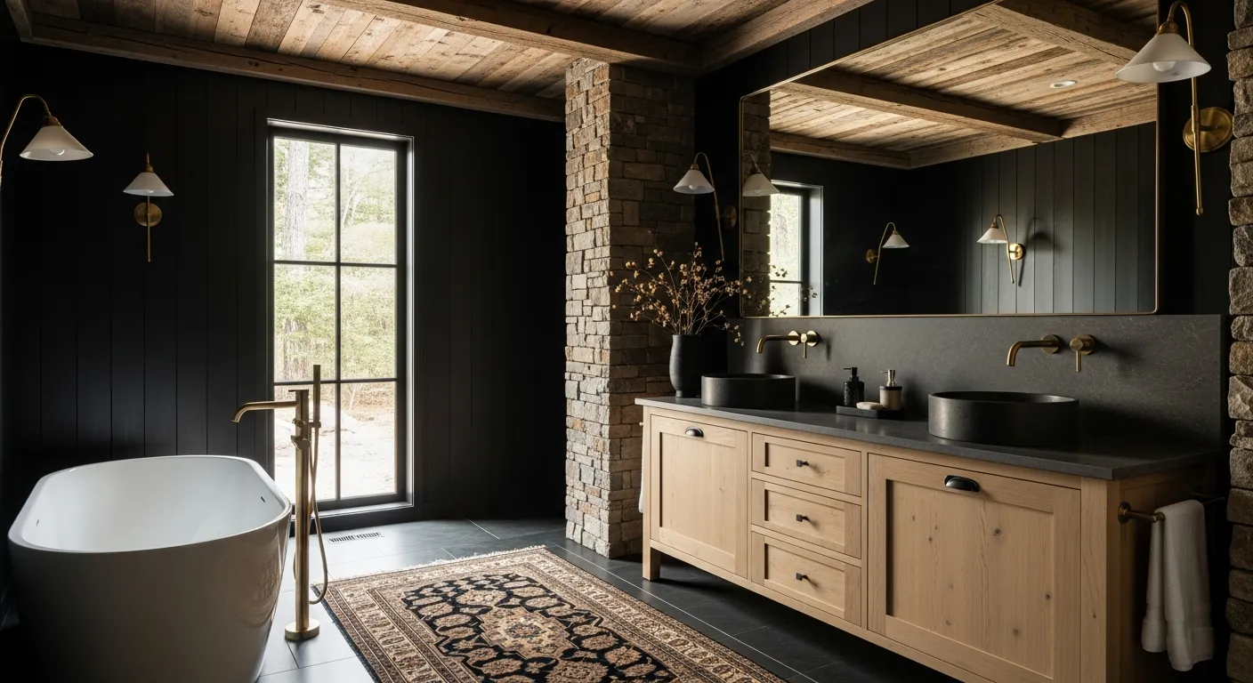The Walls Are Clad in Dark Charcoal Black Vertical Wooden Paneling