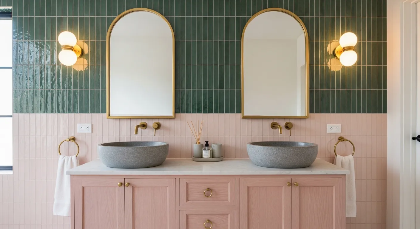 A Light Pink Wooden Vanity Cabinet With Central Drawers and Circular Handles.