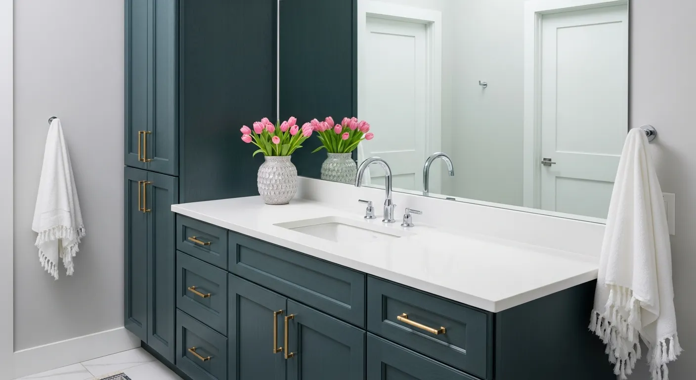 A Dark Teal Blue-green Painted Wooden Vanity and a Tall Storage Cabinet 