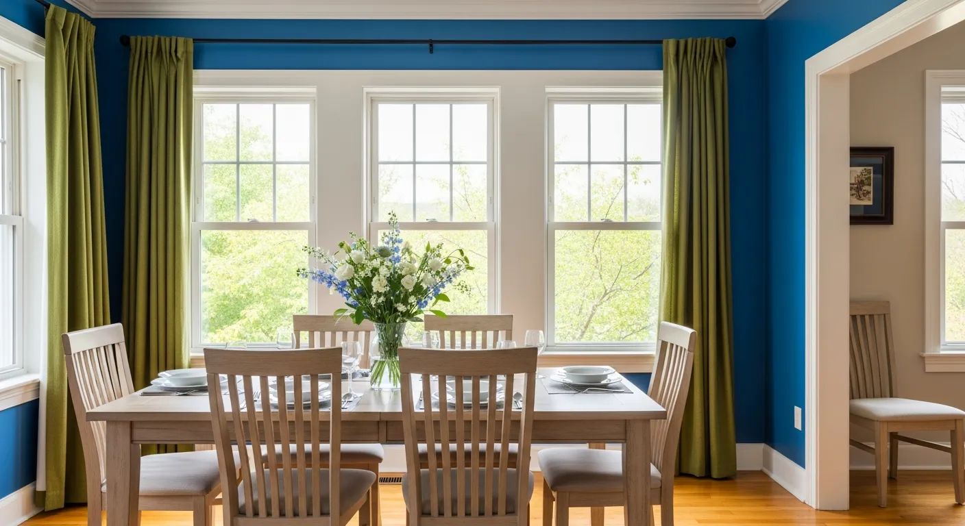 A Vibrant, Royal Blue Painted Walls and Full-length, Olive Green Fabric Curtains