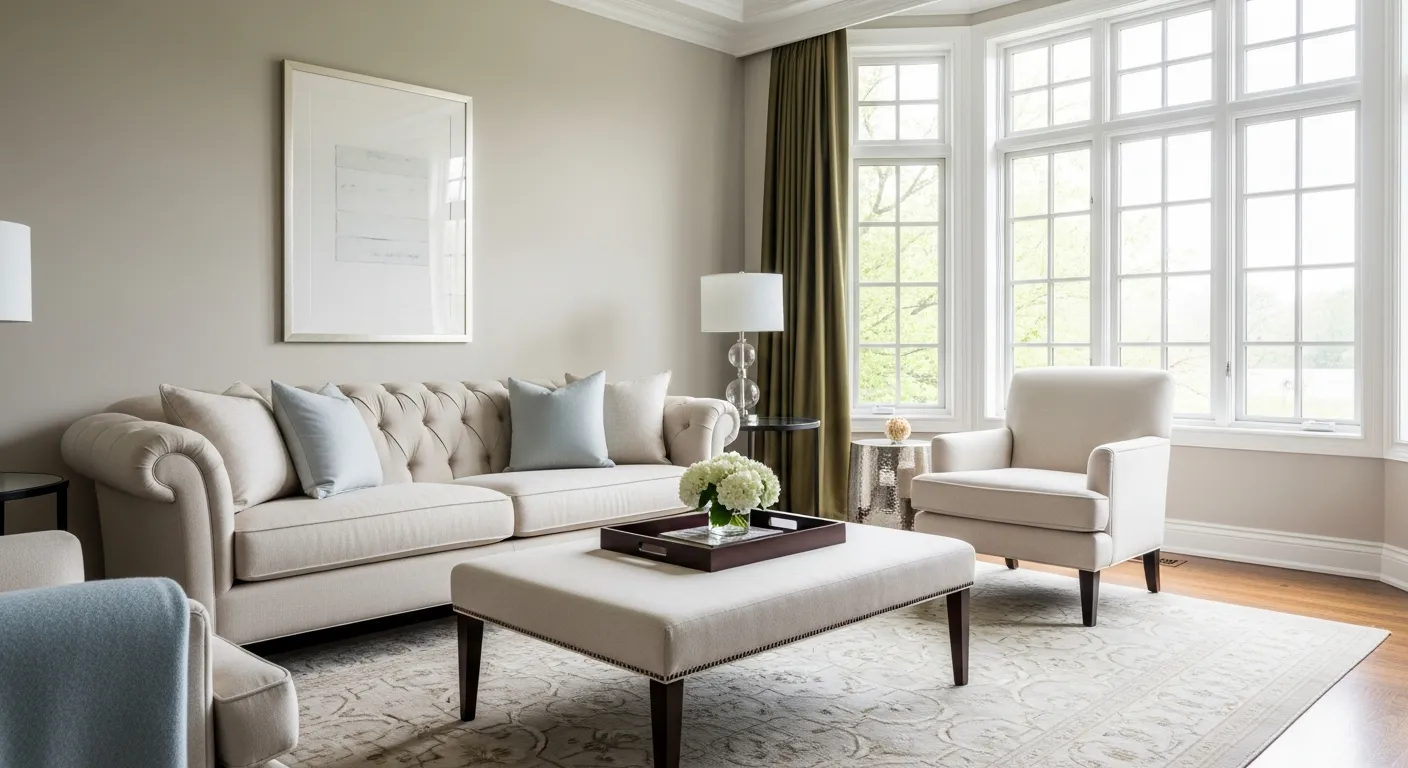 A Towering, Multi-pane Window With Pristine White Frames and Olive Green-colored Two Drapes Are Neatly Pulled Back