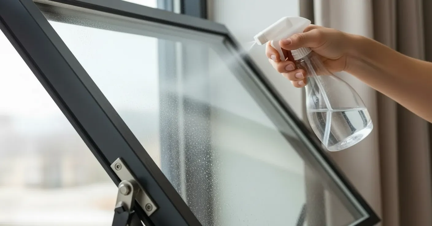 One Hand Precisely Holds a Transparent Spray Bottle, Applying a Clear Liquid Cleanser Onto a Pristine, Large, Modern, Minimalist-framed Window