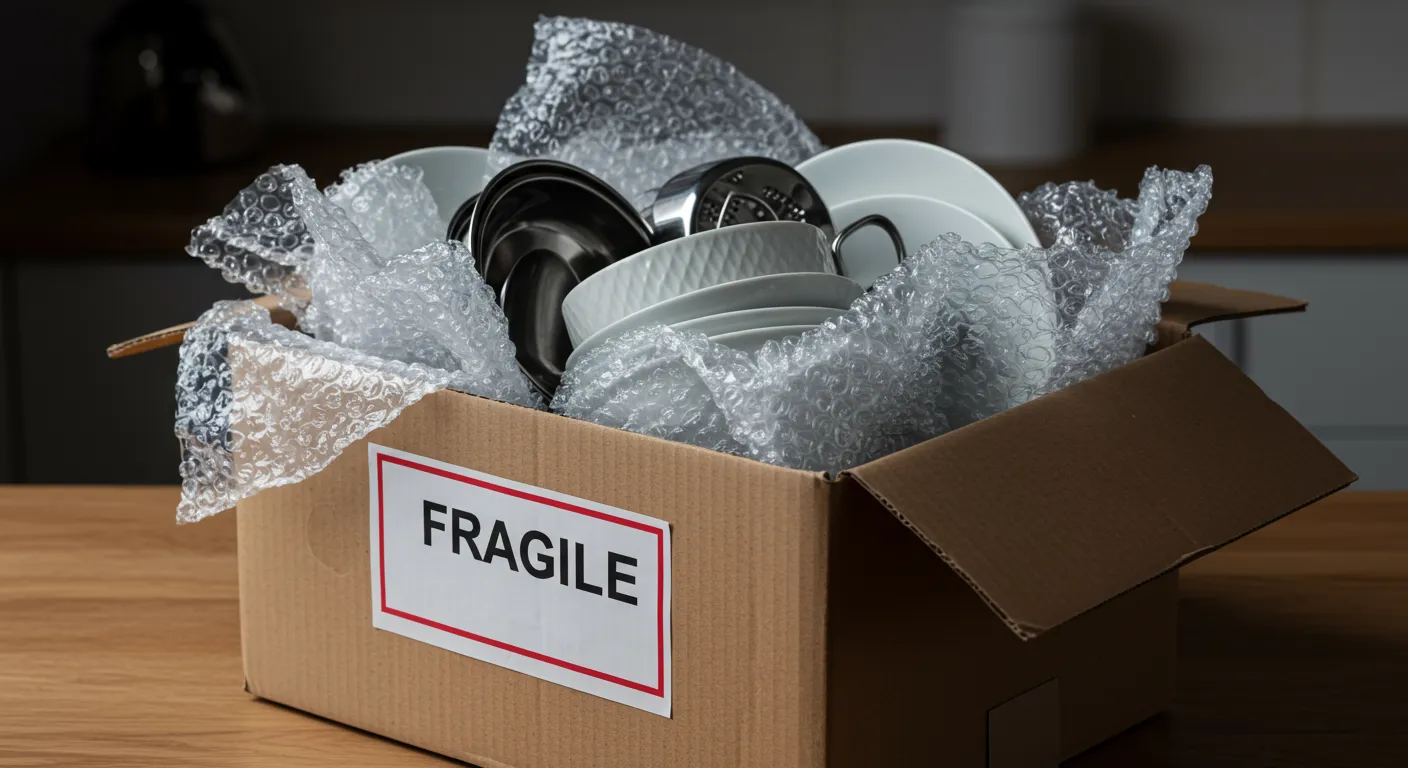 Open Cardboard Box Filled With Kitchenware Carefully Packed With Bubble Wrap Open Cardboard Box Filled With Kitchenware Carefully Packed With Bubble Wrap