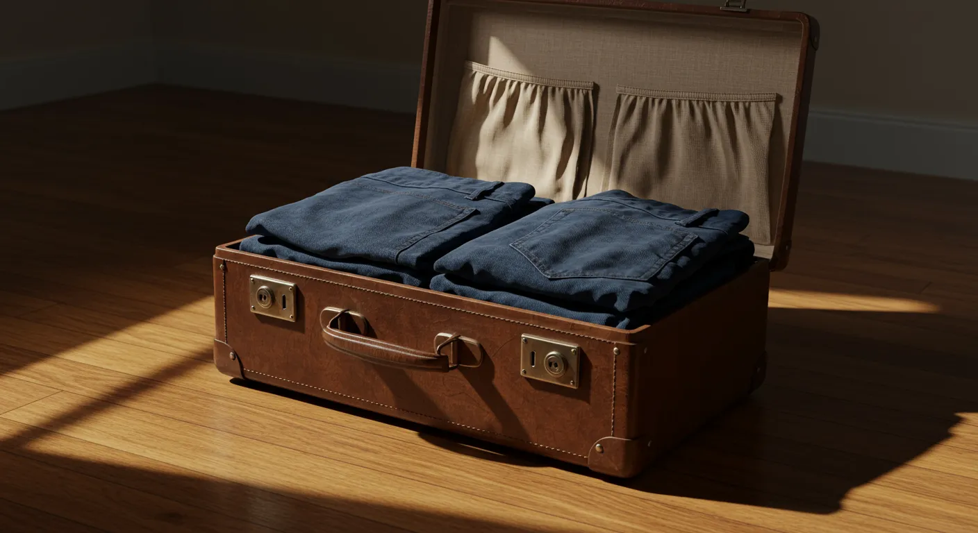 Open Suitcase on Wood Floor Filled With Folded Pants Open Suitcase on Wood Floor Filled With Folded Pants