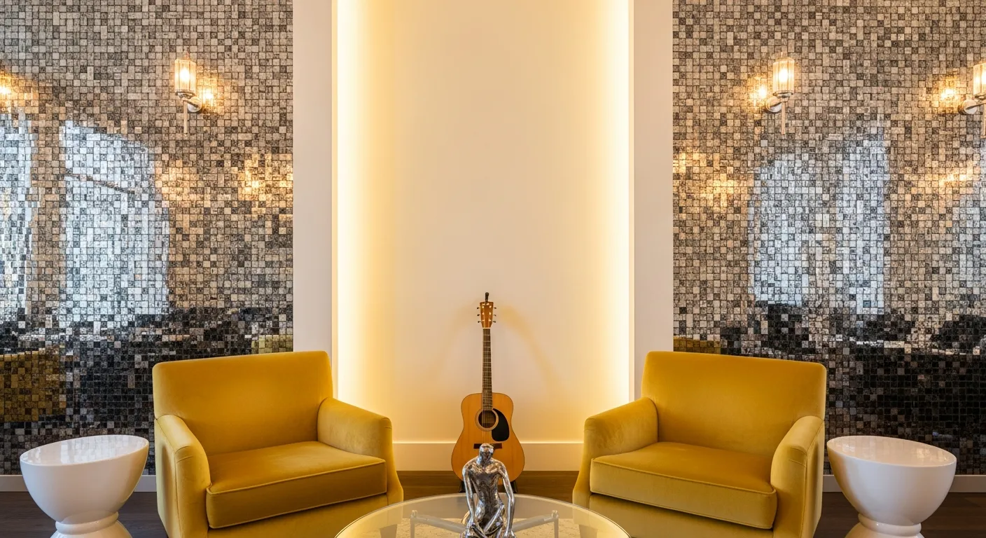 Two Mustard Yellow Velvet Armchairs With White Side Tables and Striking Walls Covered in a Chrome Mirror Mosaic