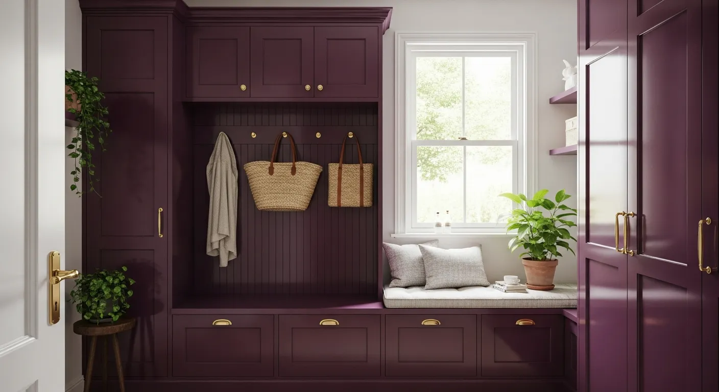 A Cozy, Organized Mudroom Featuring Deep Plum Glossy Built-in  Cabinetry With Brass Hardware