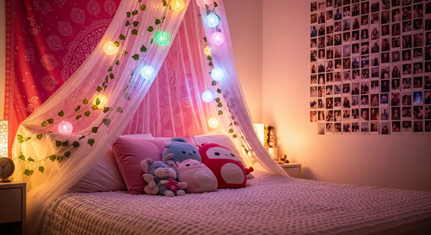 A Bed, Adorned With Several Soft Plush Toys, Features a White Textured Comforter and Pink Pillows