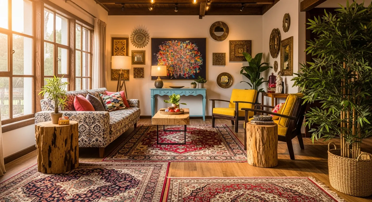 A Patterned Sofa With Colorful Pillows and a Dark Wooden Armchair With a Yellow Cushion Sits Beside a Rustic Log Stump Side Table