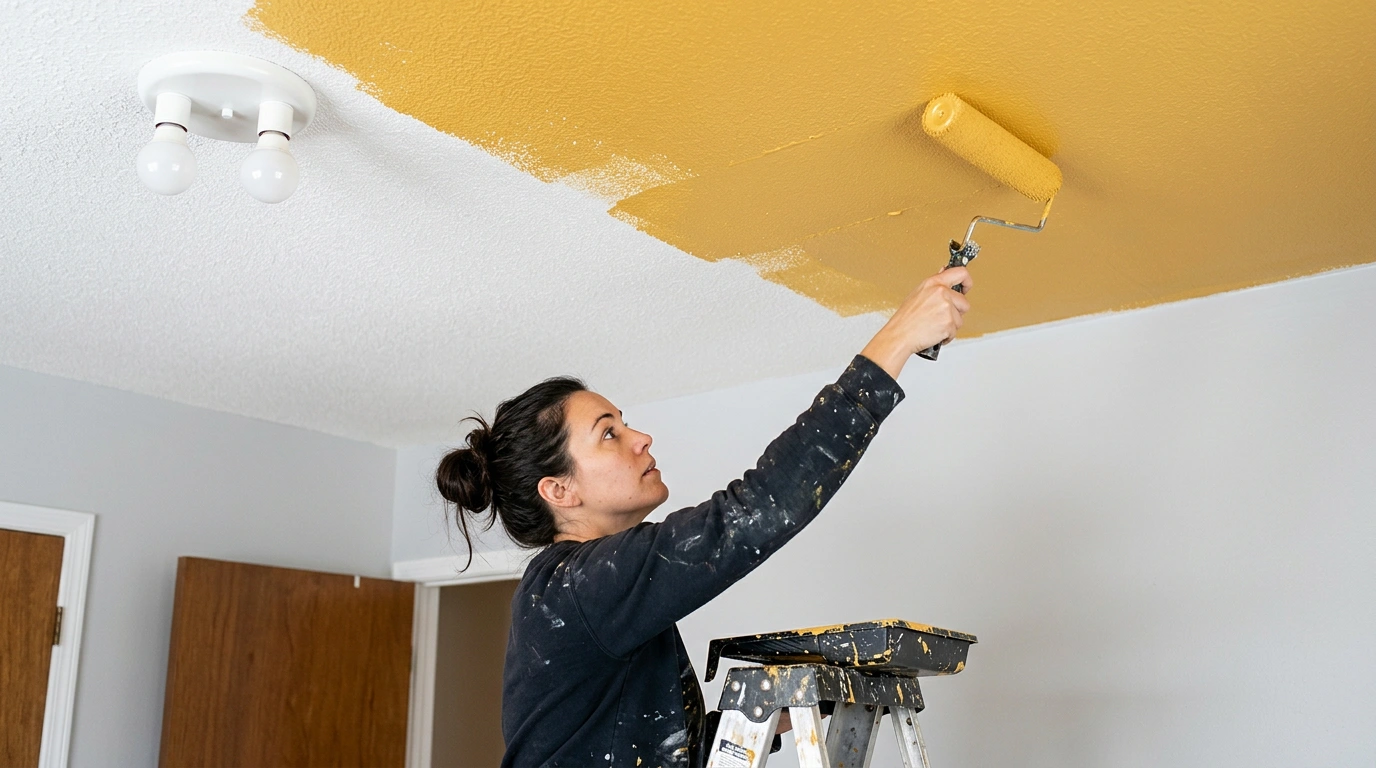 The Roller is Applying a Rich, Warm Yellow-gold Paint Onto the Orange-peel Texture Ceiling