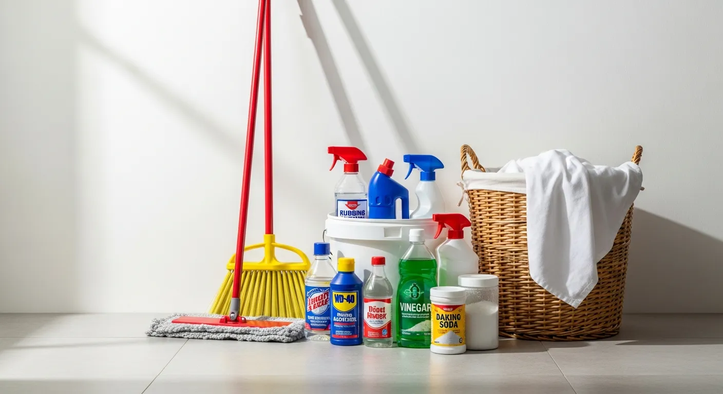 Various Cleaning Supplies, Including a Red Mop, Yellow Broom, Vinegar, and Baking Soda, Displayed Against a White Wall