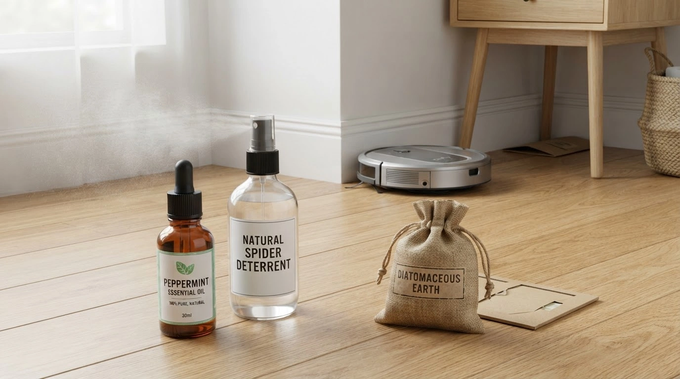 Various Natural Spider Deterrents and Prevention Tools Meticulously Arranged on a Clean, Wooden Surface