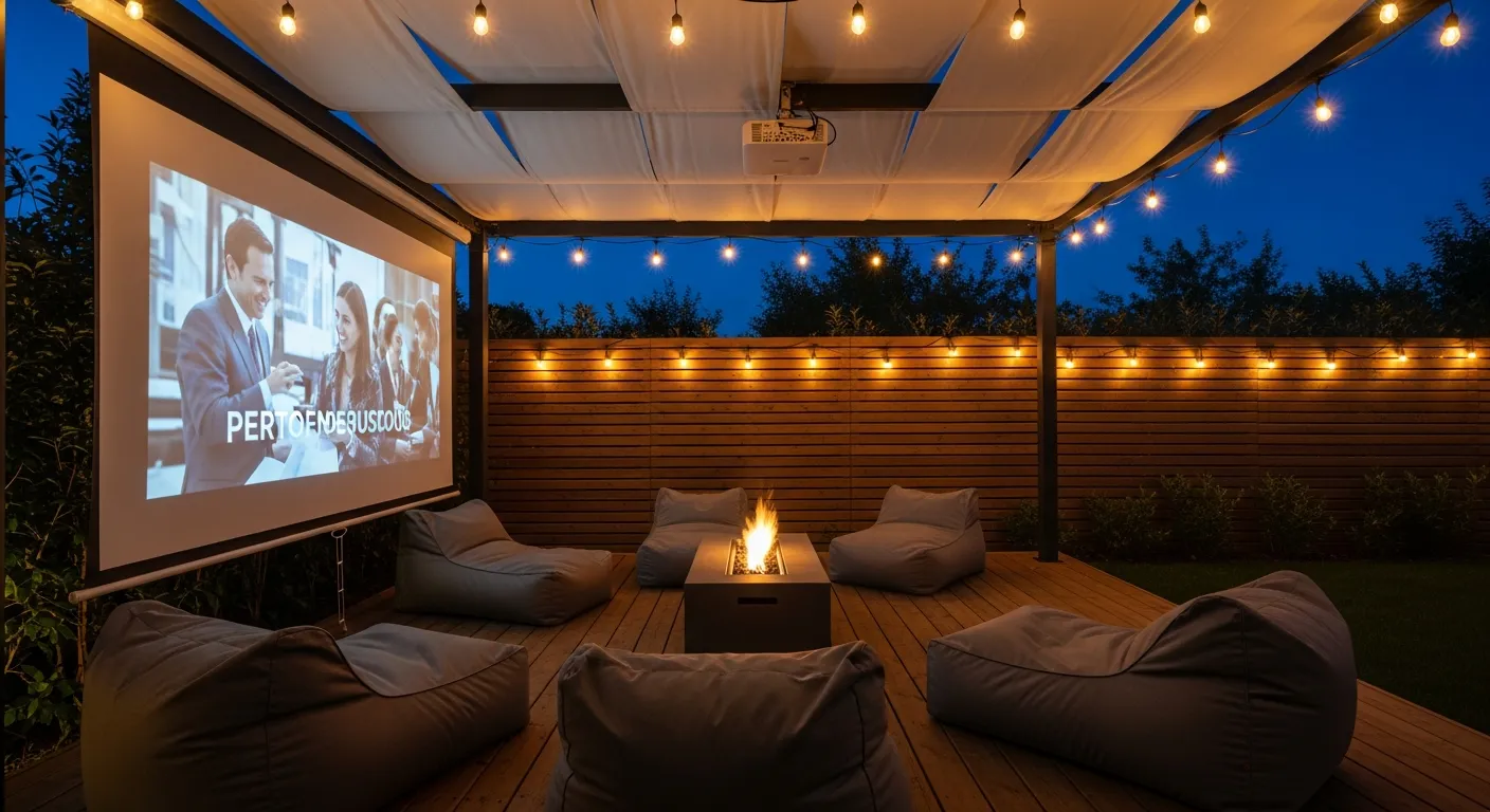 A Cozy Wooden Deck Under a Pergola With a White Fabric Canopy and Glowing String Lights